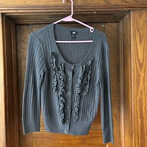 H&M Gray Ribbed Knit Cardigan with Ruffle Detail